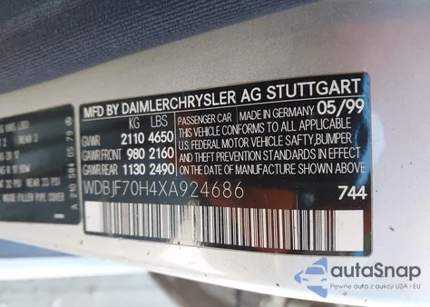 1999 Mercedes-Benz E 430 z USA, uszkodzony, nr VIN WDBJF70H4XA924686